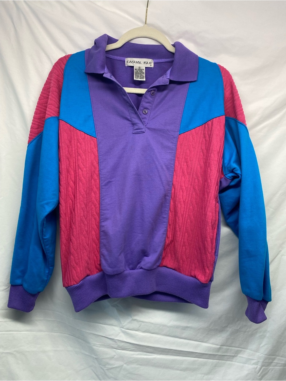 Casual Isle Women's Colorblock Crewneck Polo Sweater in Purple, Pink & Blue - S